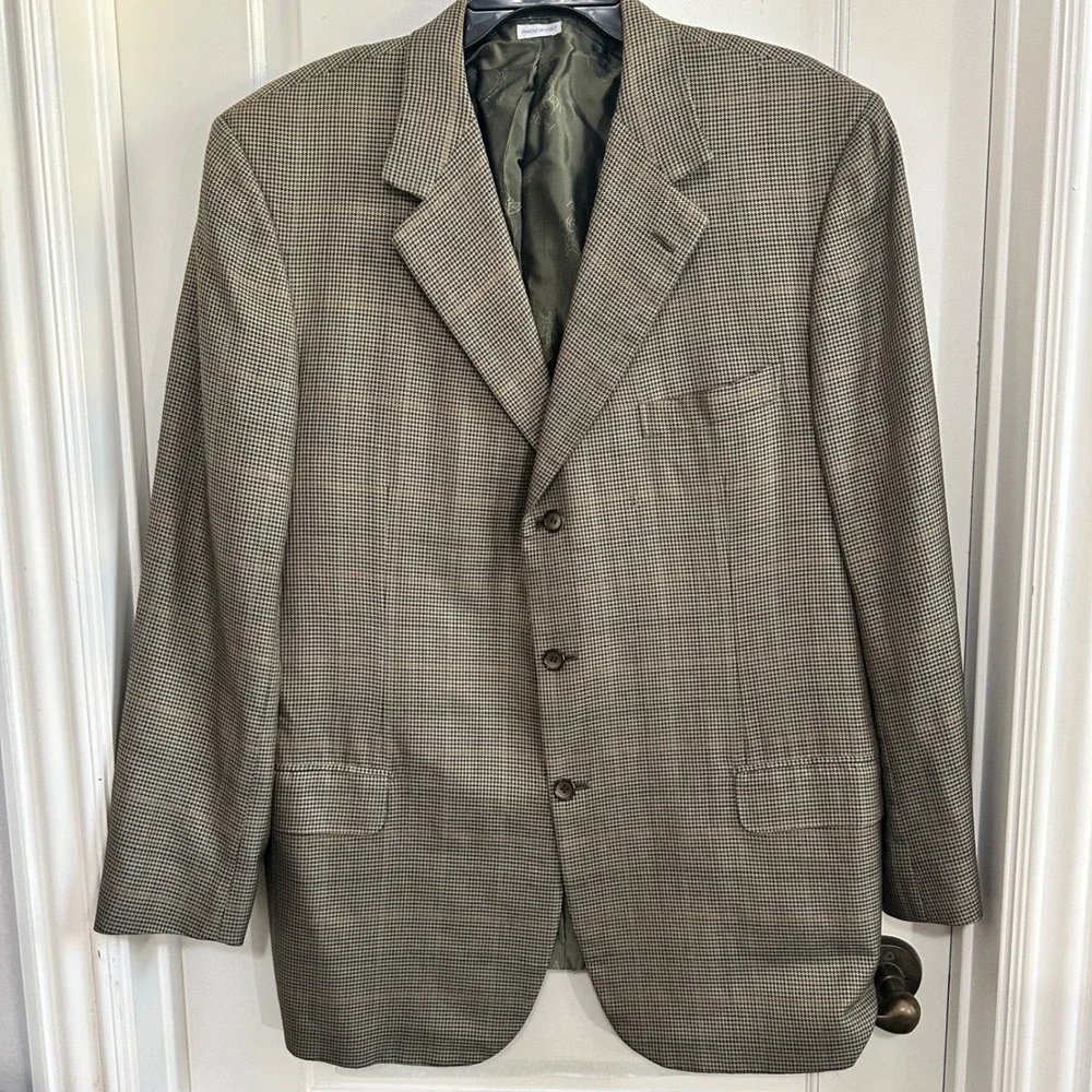 Brioni for Neiman Marcus Houndstooth Plaid Wool Jacket 48 Long Italy FLAWED